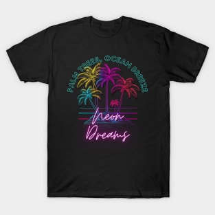 Palm Trees Ocean Breeze Neon Dreams Retro Miami Beach T-Shirt